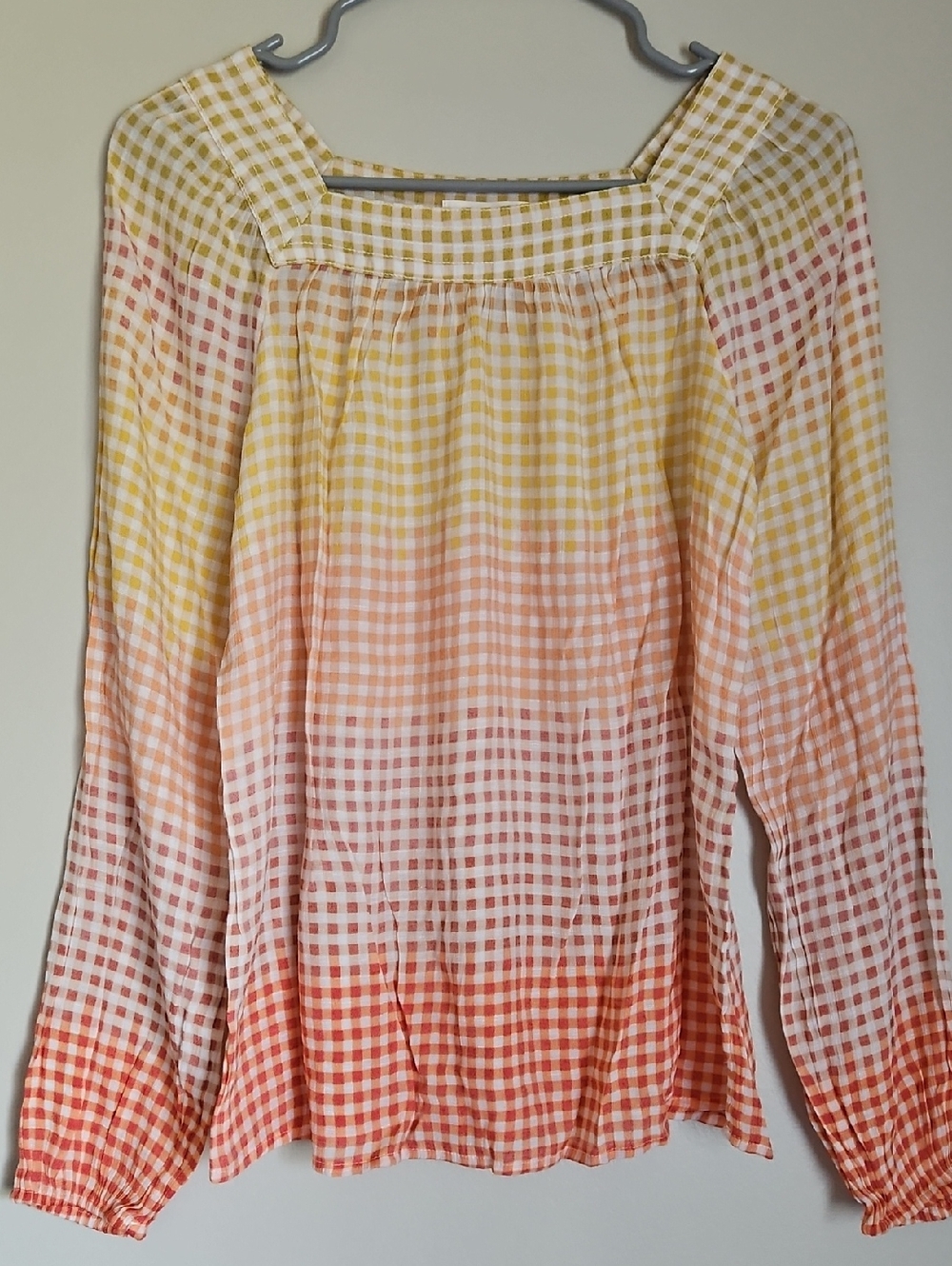 LC Lauren Conrad Ombre Gingham Square-Neck Blouse in Yellow and Orange